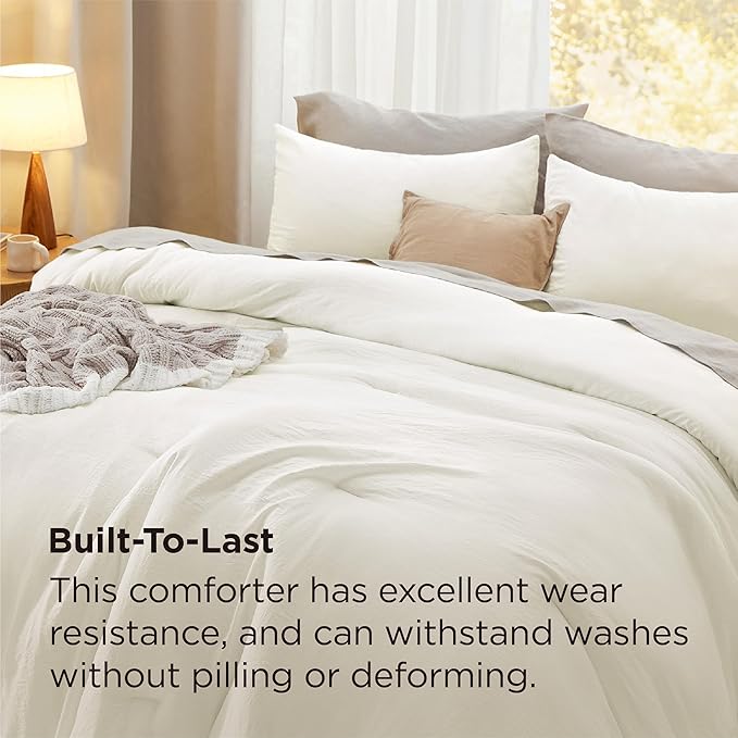 Bedsure Queen Size Comforter Set, Ivory Soft Prewashed Bedding for All Seasons, 3 Pieces GentleSoft™ Warm Down Alternative Bed Set, 1 Lightweight Comforter (90"x90") and 2 Pillowcases (20"x26")