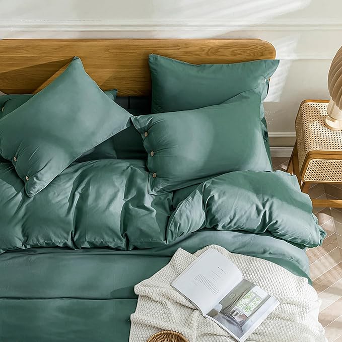 JELLYMONI Cotton Duvet Cover Twin Size - Dark Green Comforter Cover with Button 100% Washed Cotton 2PCS Breathable Soft Solid Bedding Set Duvet Cover 68×90in & 1 Pillowcase (NO Comforter)
