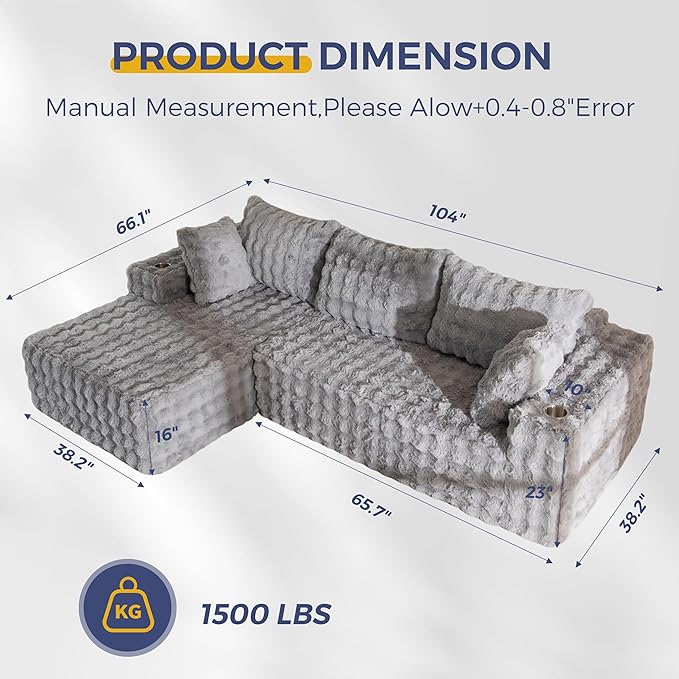 MAXYOYO 104" Modular Sectional Couch with L-Shape Chaise, Modern Boneless Couch for Living Room, Sofa in A Box, Faux Fur Sofa Sleeper with Deep Seat, No Assembly Required, Grey