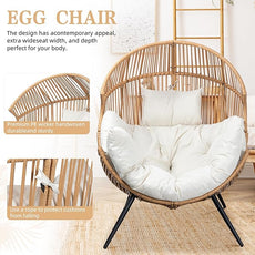 Vongrasig Comfy Wicker Egg Chair, Soft Thick Cushion Rattan Lounge Chair, High Capacity Steel Frame, Reading Chair for Living Room, Bedroom, Dorm Rooms (Beige)