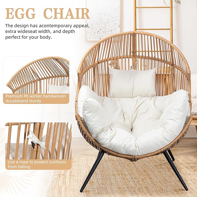 Vongrasig Comfy Wicker Egg Chair, Soft Thick Cushion Rattan Lounge Chair, High Capacity Steel Frame, Reading Chair for Living Room, Bedroom, Dorm Rooms (Beige)