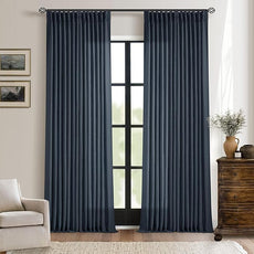 Navy Linen Pinch Pleated Curtains 108 Inches Long 2 Panels for Living Room Bedroom Light Filtering Drapes 108 Inch Length Dark Blue Indigo Semi Sheer Memory Shape Trained Ceiling Floor Curtain