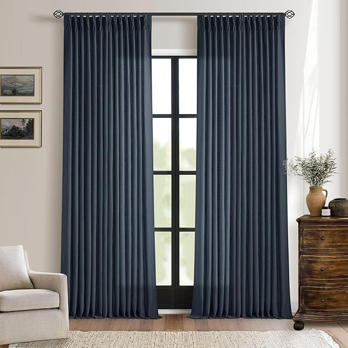 Navy Linen Pinch Pleated Curtains 108 Inches Long 2 Panels for Living Room Bedroom Light Filtering Drapes 108 Inch Length Dark Blue Indigo Semi Sheer Memory Shape Trained Ceiling Floor Curtain