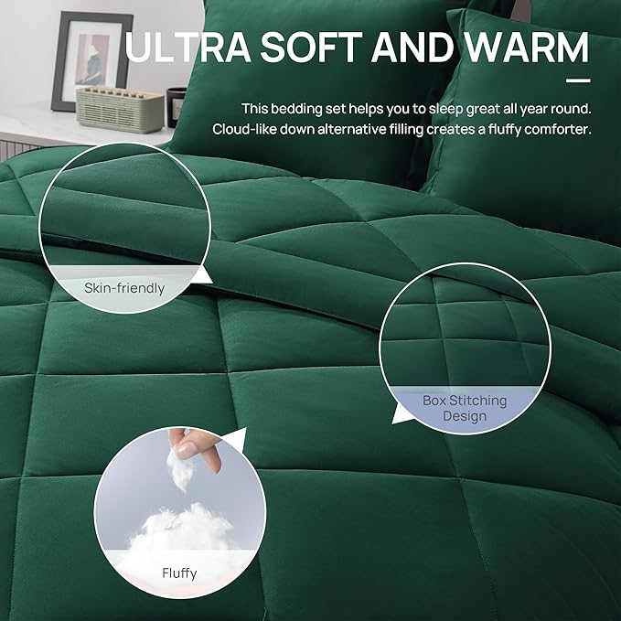 Love's cabin Full Comforter Set Dark Green, 7 Pieces Full Bed in a Bag, All Season Bedding Sets with 1 Comforter, 1 Flat Sheet, 1 Fitted Sheet, 2 Pillowcase and 2 Pillow Sham