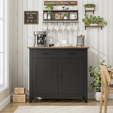 HORSTORS Kitchen Storage Cabinet, Modern Farmhouse Buffet Cabinet with Storage, Coffee Bar with 2 Drawers and 2 Doors, Floor Sideboard Buffet for Living Room, Dining Room, Bathroom, Black/Rustic Brown
