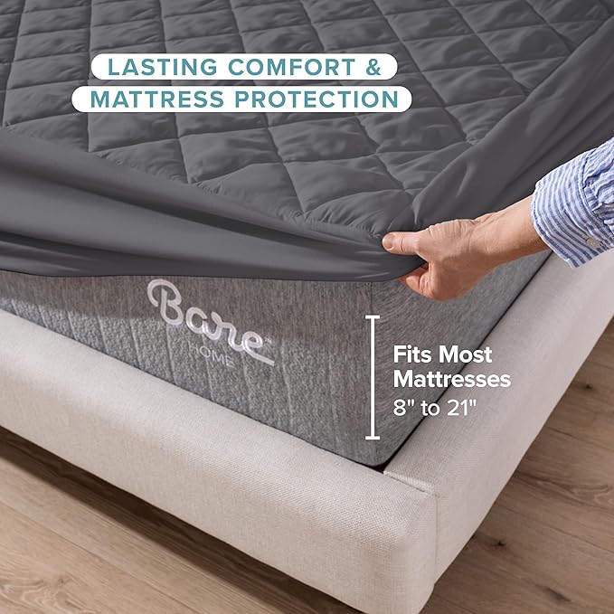 Bare Home Twin Extra Long Quilted Fitted Mattress Pad - Cooling Mattress Cover - Easily Washable - Elastic Fitted Cover for Mattress - Stretch-to-Fit up to 15 Inches Deep (Twin XL, Grey)