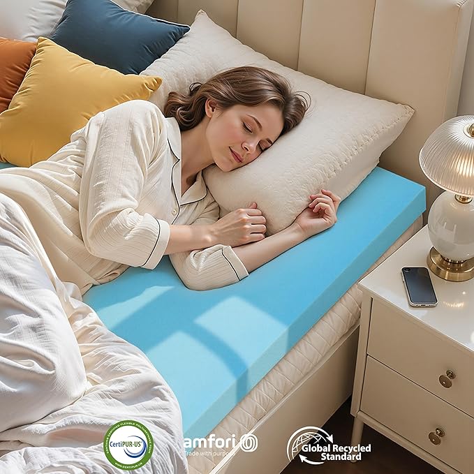 SyMax Queen Mattress Topper, Gel Infused Memory Foam Mattress Topper, Soft Bed Topper Mattress Pads for Bed, Sofa, RV, CertiPUR-US Certified, Blue, 4 Inch