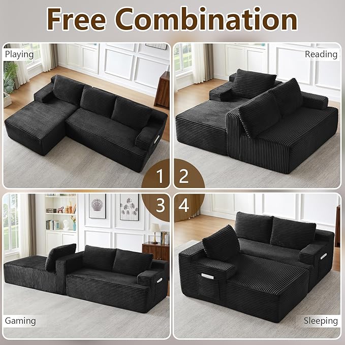96" Modular Sectional Sofa Couches L-Shape Couch 3 Seat Modular Sofa Corduroy Memory Foam Sectional Boneless Couches for Living Room, Cloud Couch with Oversized Chaise(Dark Black, Left Facing)