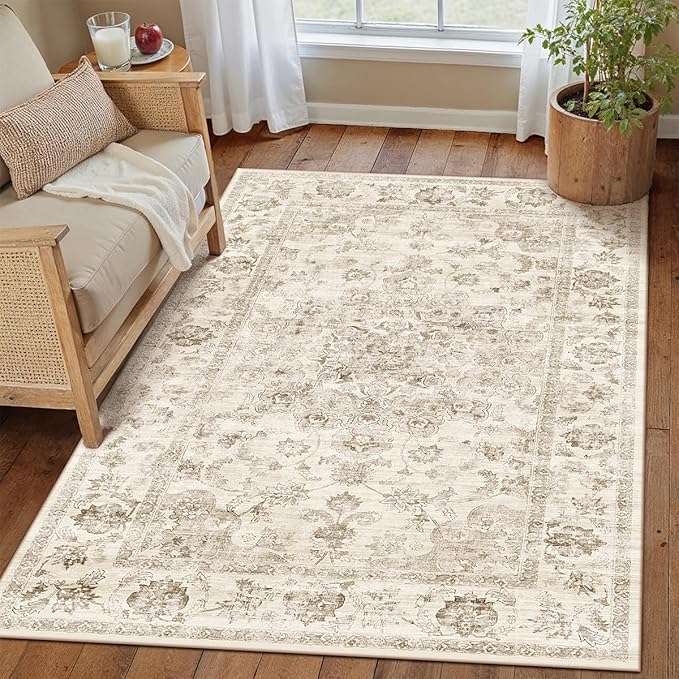3x4 Washable Neutral Area Rug Beige Vintage Entryway Office Carpet Non-Slip Soft Low Pile Floral Throw Rug for Entrance Living Room Bathroom Dining Room