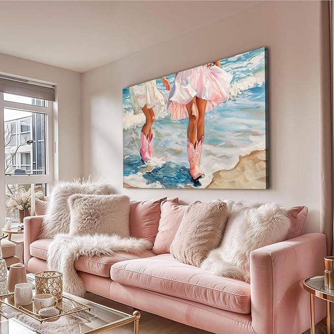 Cowgirl Boots Wall Art Pink Cowgirl Boots FramedWall Decor Retro Pink Western Aesthetic Canvas Prints Poster Trendy Preppy Girls Room Decor Picture for Living Room Bedroom Dorm Framed 16 X 24 in