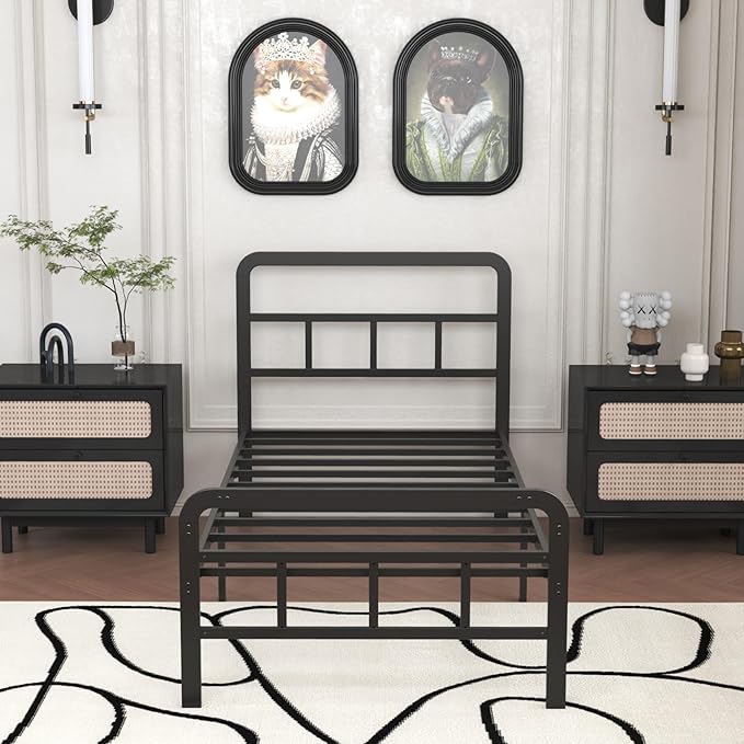 Twin Bed Frames with Headboard and Footboard 14 Inch, Twin Platform Bed Frame with Strong Metal Slats Support, Under-Bed Storage, Noise Free, Easy Assembly, Black