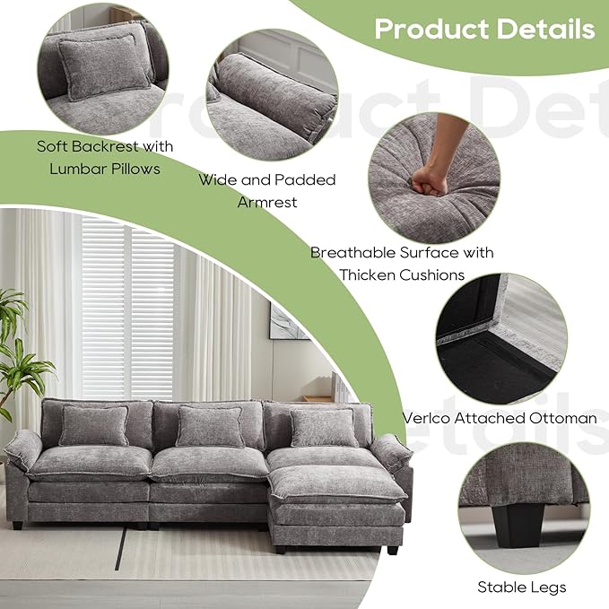 120" Modular Sectional Sofa, Comfy Cloud Couch Sectional Sofa with Ottoman, Chenille Sofa Sleeper Deep Seat Sofa with Throw Pillows for Living Room (Light Gray, 120"- L Shape)