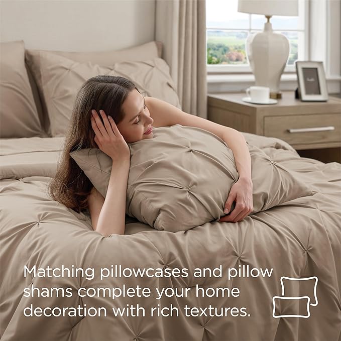 Bedsure King Size Comforter Set Khaki - Bed in a Bag Bedding Set 7 Pieces, GentleSoft™ Pintuck Bed Set Gift for Family, Pinch Pleat Khaki Comforter with Sheets, Pillowcases & Shams