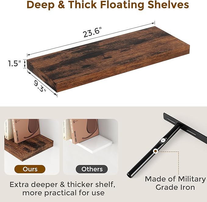 Floating Shelves for Wall, 24 x 9.3 Floating Shelf Wall-Mounted, Rustic Wood Bathroom Shelf Set of 2, Deep Bookshelf Storge Shelves for Living Room, Bedroom, Farmhouse, Rustic Brown Color