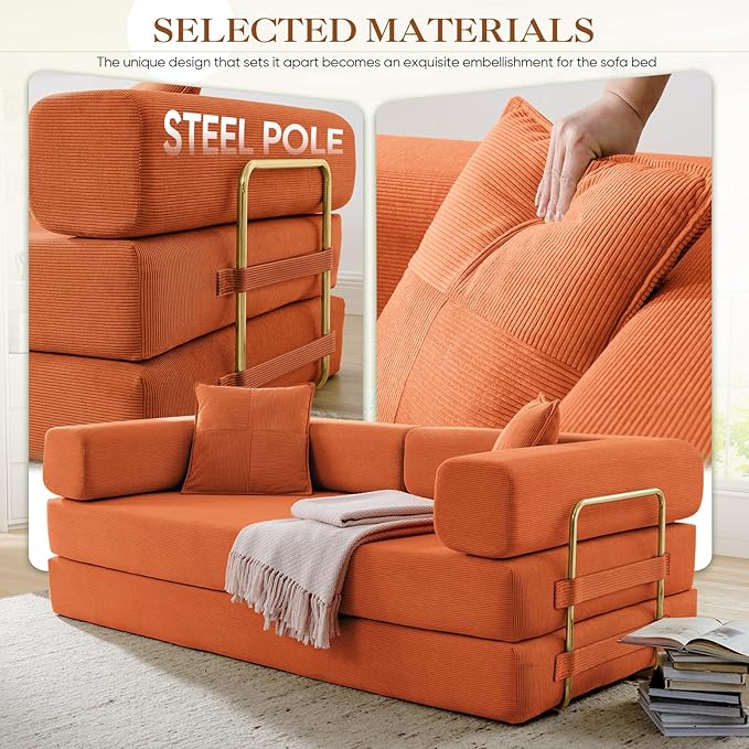 Antetek Convertible Futon Sofa Bed, 3-Seater Modern Corduroy Foam Floor King Size Bed Fold Out Sleeper Lounge Loveseat Sofa Couch with 2 Throw Pillows for Living Room Bedroom Guest Room, Orange
