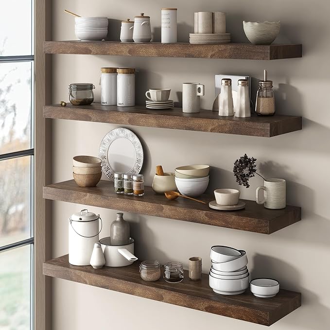 Elm Floating Shelves for Wall Decor, Rustic Solid Wood Shevles Wall Mounted with Invisible Bracket for Living Room Bathroom Bedroom Kitchen, 24 Inch Set of 2, Walnut