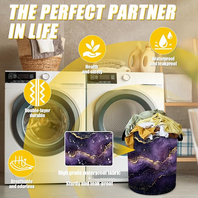Purple Gold Marble Laundry Basket,Foldable Oxford Cloth Funny Tote Bag Laundry Hamper Clothes Storage Bucket Toy Organizer For Bathroom Laundry Storage Bedroom 18.9x16.5