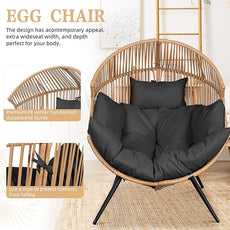 Vongrasig Comfy Wicker Egg Chair, Soft Thick Cushion Rattan Lounge Chair, High Capacity Steel Frame, Reading Chair for Living Room, Bedroom, Dorm Rooms (Black)