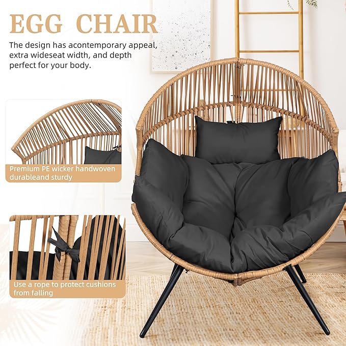 Vongrasig Comfy Wicker Egg Chair, Soft Thick Cushion Rattan Lounge Chair, High Capacity Steel Frame, Reading Chair for Living Room, Bedroom, Dorm Rooms (Black)