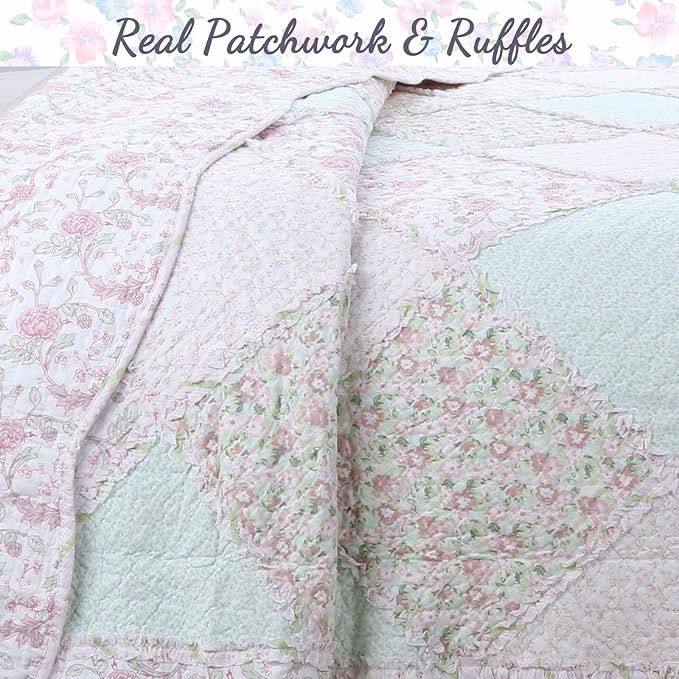 Cozy Line Home Fashions 100% Cotton Real Patchwork Floral Pink Rose Shabby Chic Girly Reversible Quilt Bedding Set, Coverlet Bedspread (La Rosa Rêve, Queen - 3 Piece)