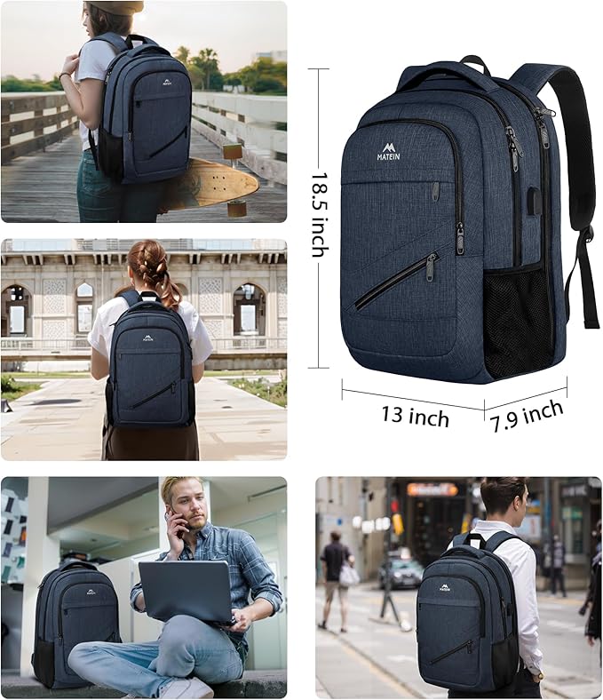 MATEIN 17 Inch Laptop Backpack, Large Work Backpack Travel Carry On TSA Approved with Trolley Sleeve, College Computer Bag with USB Charging Port, Water Resistant Commute Daypack for Men, Dark Blue