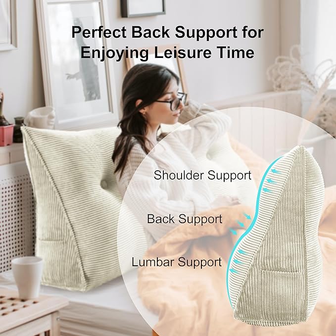WOWMAX 100% Cotton Corduroy Headboard Pillow – King Size Back Support Reading Wedge for Bed & Daybed, Plush Handmade Bolster Cushion with Removable Cover, Cozy Bed Rest Pillow, White