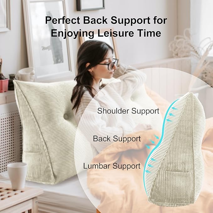 WOWMAX 100% Cotton Corduroy Headboard Pillow – Twin Size Back Support Reading Wedge for Bed & Daybed, Plush Handmade Bolster Cushion with Removable Cover, Cozy Bed Rest Pillow, White