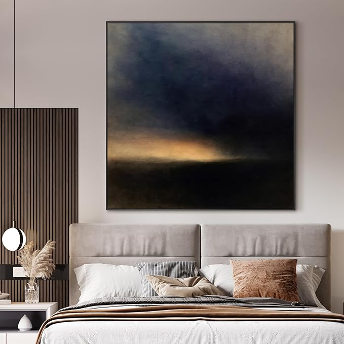 60"x60" XL Framed Wall Art - Moody Abstract Landscape Dark Blue and Golden Horizon Minimalist Foggy Forest Tranquil (Frame Assembly Required)