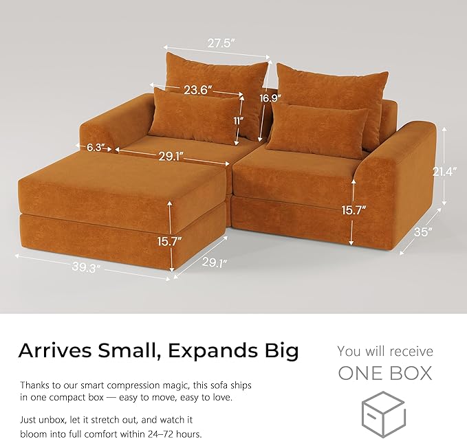 Modular loveseat with Ottoman, L-Shape Boneless Couch, Customizable Sectional Couch, Free Combination Design Sleeper Sofa, Clay Ember