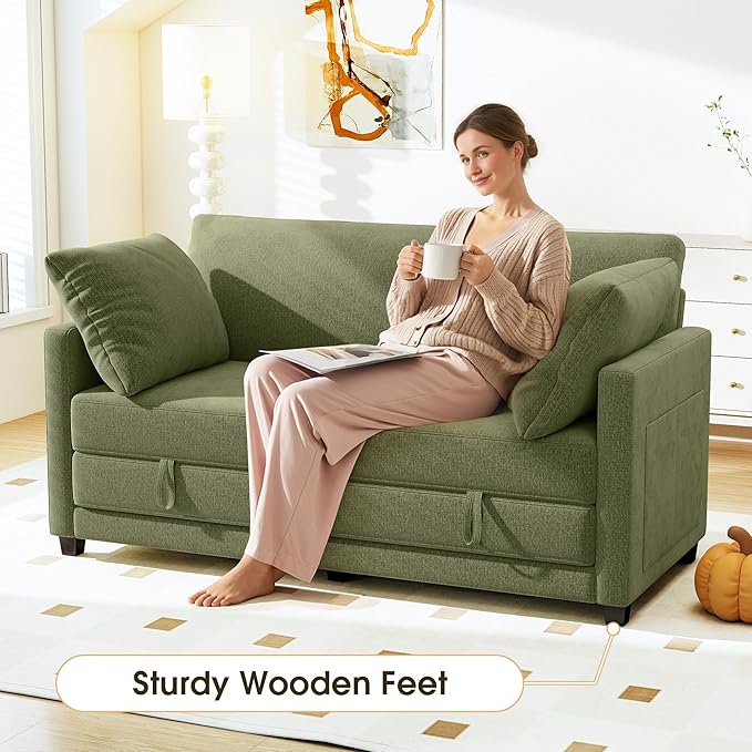 65" Convertible Loveseat Sofa Bed, 2 in1 Folding Sofa Bed, Loveseat Sleeper Sofa for Small Spaces, Fold Out Floor Couch with 2 Pillows for Apartment, Office & Guest Room (Green Chenille, 65 inch)