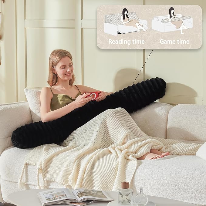 Headboard Pillow + A Long Neck Roll Pillow Body Pillow，Faux Fur Headboard Wedge Pillow with Removable Cover (Black, King：76x8x20 inches)