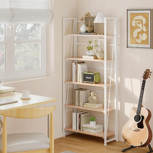 BHG Vintage Multifunctional Folding Bookshelf, No-Assembly Plant Stand Storage Rack Shelves for Home Office (White, 5-Tier)