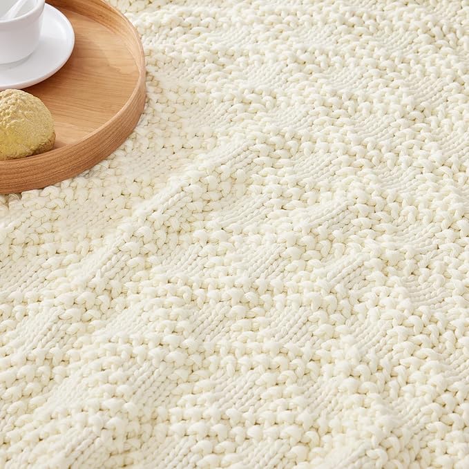 Knitted Weighted Blanket for Adult, Chunky Knit Weighted Throw for Sleep 48"*72" 12lbs, Cooling Breathable Heavy Blanket for Hot Sleepers, Machine Washable Blanket for Room Decor(Ivory White)