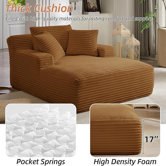 Oversized Chaise Lounge Chair Indoor Corduroy Sofa Bed with Throw Pillows Recliner Chair Comfy Large Deep Seat Sofa Couch for Living Room, Bedroom, Apartment (Orange)