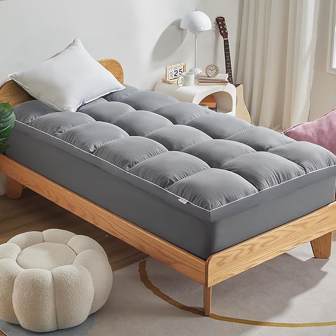 SLEEP ZONE Mattress Topper Twin Size, Extra Thick Fitted Mattress Pad for Back Pain, Plush and Support Mattress Cover, Deep Pockets Mattress Protector, Hotel Quality (Grey, Twin)