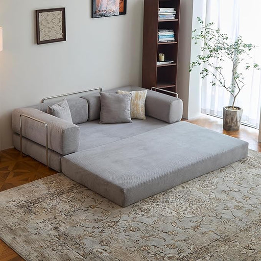 78.8" Convertible Sofa Bed - Compression Sofa with Corduroy Fabric - with Armrests and Backrest - Modular Sectional for Living Room, Bedroom, Studio - Compression Sofa in Box (Grey)