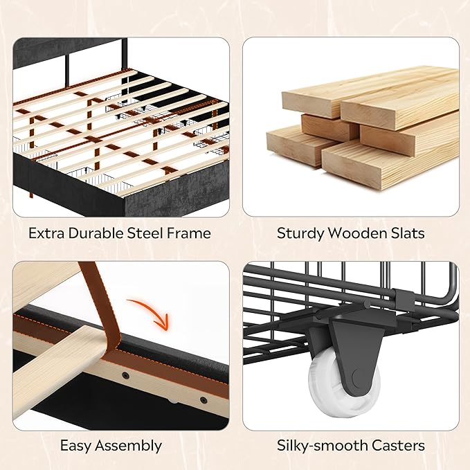 WLIVE King Size Upholstered Bed Frame with 4 Storage Drawers and Headboard, Velvet Platform Bedframe, Sturdy Metal & Wooden Slats Support, No Box Spring Needed, Easy Assembly, Black