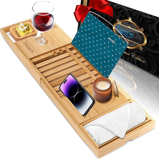 SereneLife Premium Bathtub Tray Caddy with Gift Box and Bow Set, Expandable Bath Tray, Unique House Warming Gifts for Mom, Women, Wedding, Anniversary, Bridal Shower, Fit for All Tub - Classic