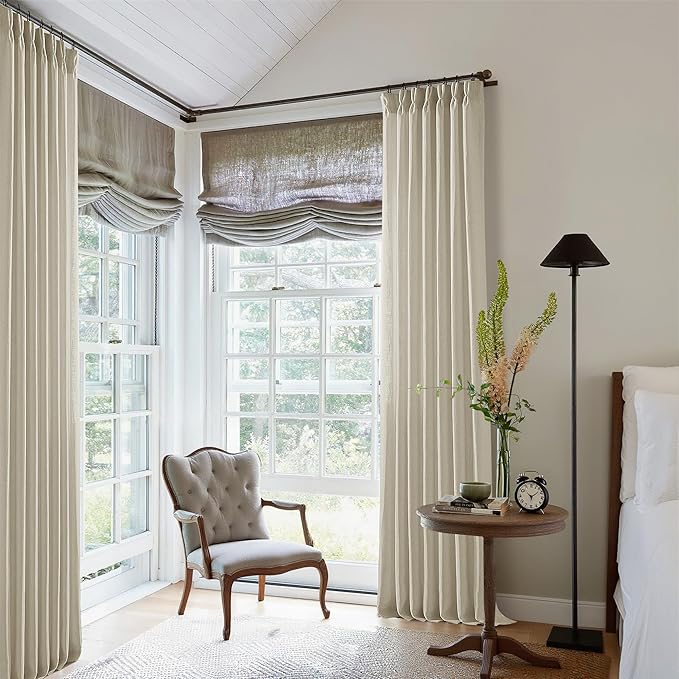 108 Inch Linen Curtains 2 Panels Set Pinch Pleated for Living Room Bedroom Memory Training Shaped Semi Sheer Neutral Beige Tan Flax Burlap Pleat Drapes Hooks Rings Light Filtering Window Curtain