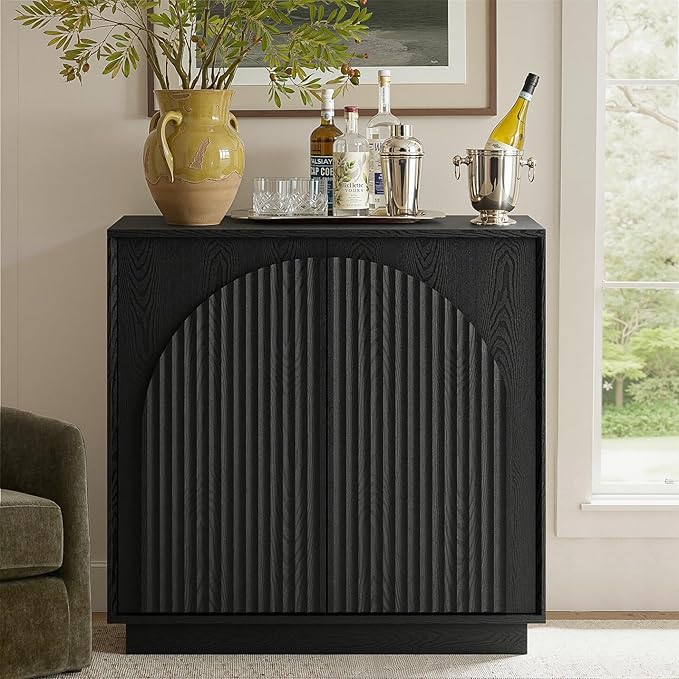 win2win Fluted Sideboard Buffet Cabinet with Storage, 31.5" Modern Accent Cabinet with Double-Layered Arch Doors, Small Wood Console Credenza for Living Room, Dining Room, Entryway, Hallway, Black