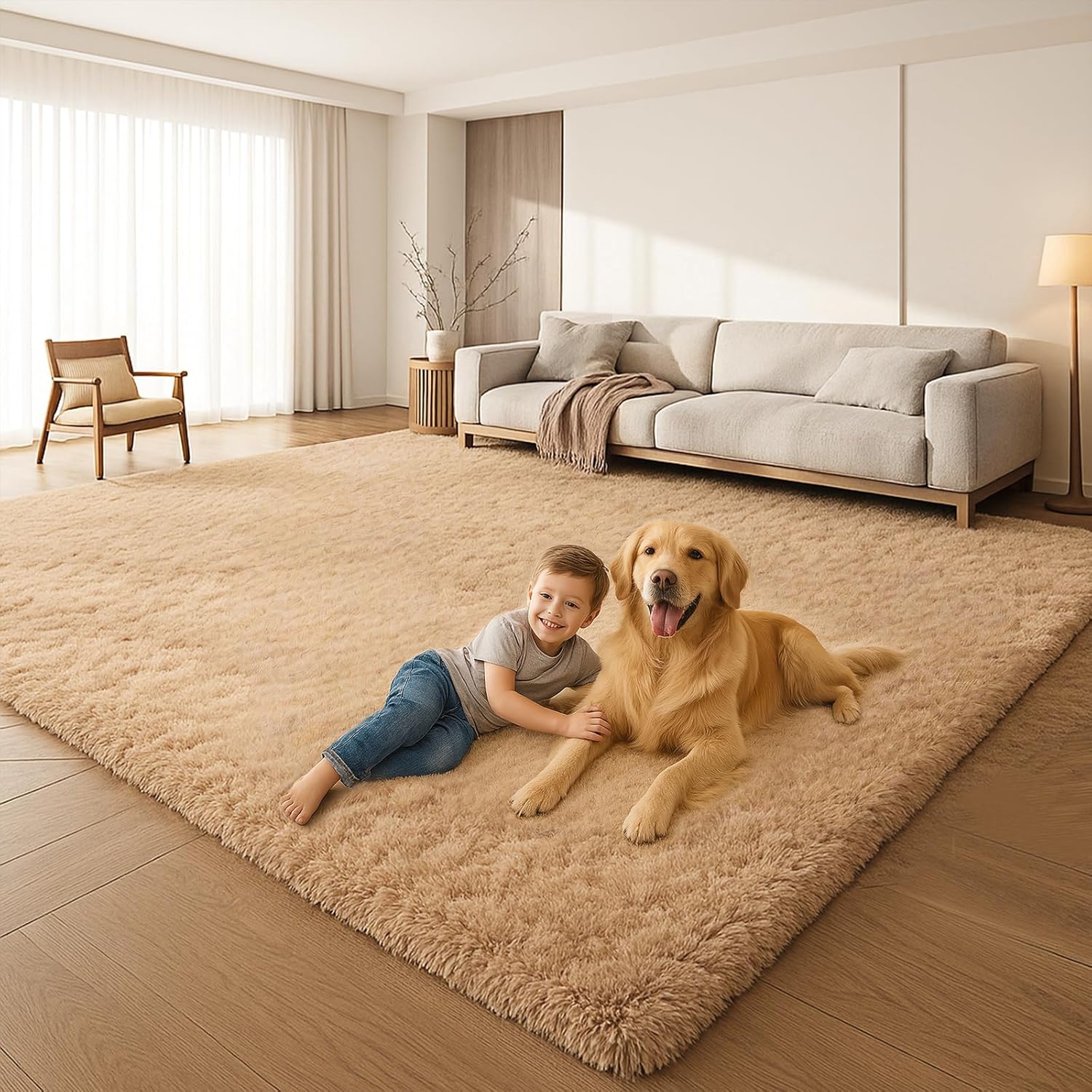 8x10 Area Rugs Living Room, Beige Large Plush Fluffy Bedroom Carpet, Non-Slip Upgraded Indoor Thick Soft Rug, Modern Plush Carpet Suitable for Kids Home Decor Aesthetics Dorm. Dormly