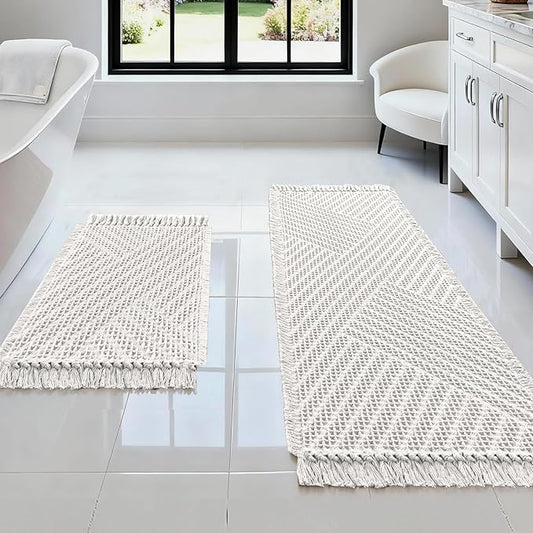 H.VERSAILTEX Waffle Bath Mat Super Absorbent Boho Bath Mat Non Slip Bath Rugs for Bathroom Floor Machine Washable Dry Fast Bathroom Rugs with Tassels (47 x 17 Plus 17 x 24 Inches, Ivory White)