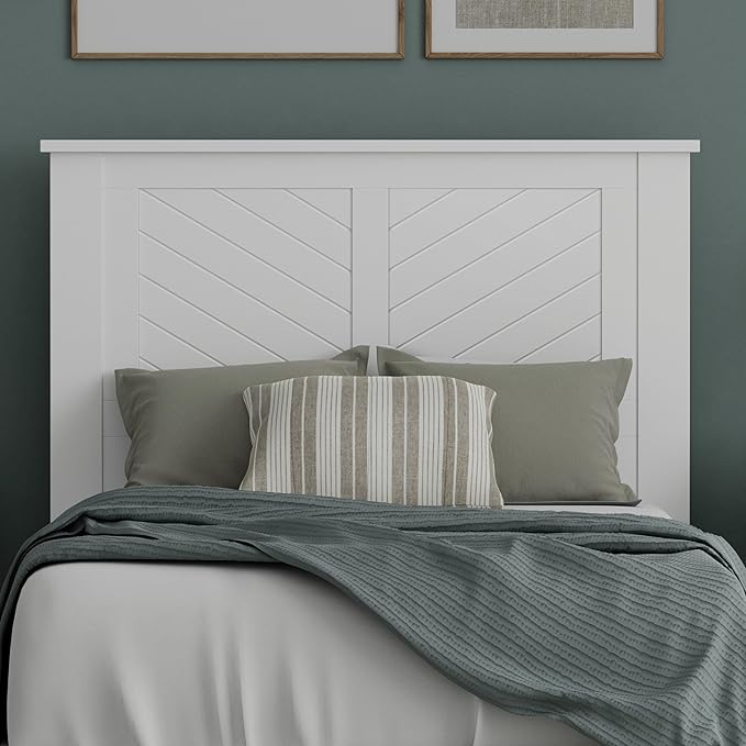 Serene Poplar Wood Twin Size Headboard in White, Modern Farmhouse Panel with Chevron Scoring, Casual Coastal Style, Easy Assembly, Quality Materials