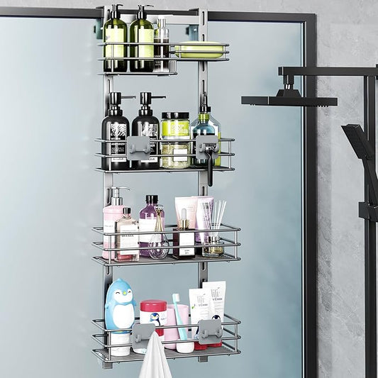 Orimade Shower Caddy Adjustable Height 4 Tier Silver,Bathroom Hanging Over the Door Organizer Shelf Rustproof with 4 Hooks,Shower Basket with Soap Holder and Suction Cup