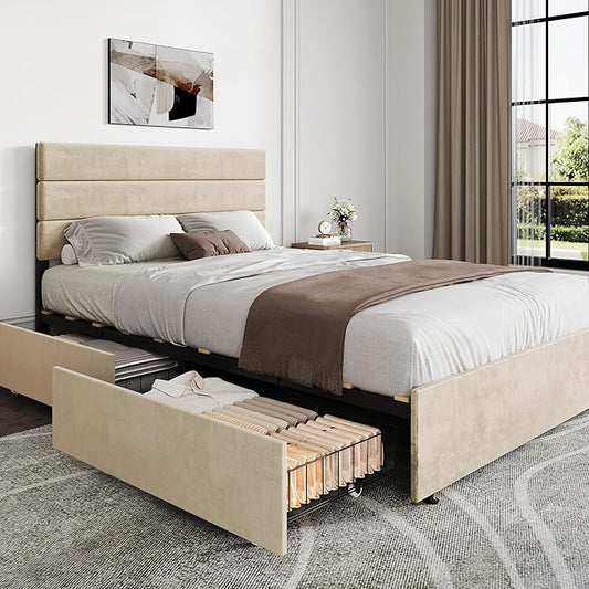 WLIVE Full Size Upholstered Bed Frame with 4 Storage Drawers and Headboard, Velvet Platform Bedframe, Sturdy Metal & Wooden Slats Support, No Box Spring Needed, Easy Assembly, Beige