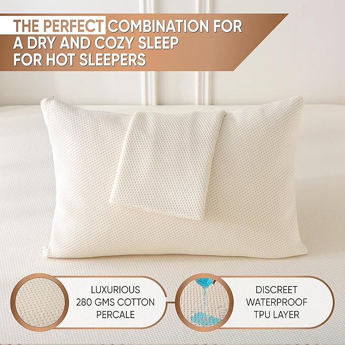 2-Pack Deluxe Cooling Organic Pillow Protectors Queen – Organic Cotton Percale, Waterproof & Breathable Zippered Encasements for Hot Sleepers – OCS Blended & Oeko-TEX Certified