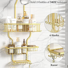 YASONIC Never Rust Shower Caddy Hanging Organizer - Aluminum Over-the-Showerhead Rack With 10 Hooks for Razor/Sponge and Soap Basket - Gold