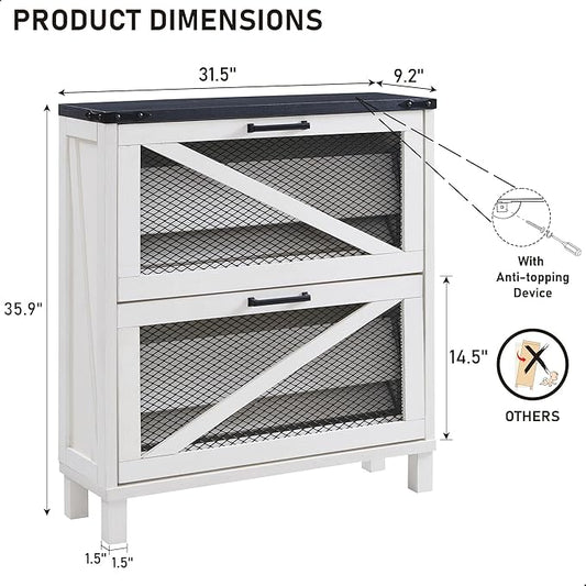 JXQTLINGMU Shoe Cabinet with 2 Flip Drawers, Farmhouse Shoe Storage Cabinet with Mesh Doors and Adjustable Shelves, Rustic Wooden Shoe Organizer, Small Shoe Cabinet Storage for Entryway, White
