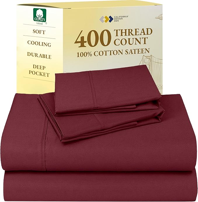 California Design Den King Size Sheets Set - Soft 400 Thread Count Sateen, Natural 100% Cotton Sheets with Deep Pockets, Breathable, and Durable Bedding Set - Burgundy Red CaliforniaDesignDen