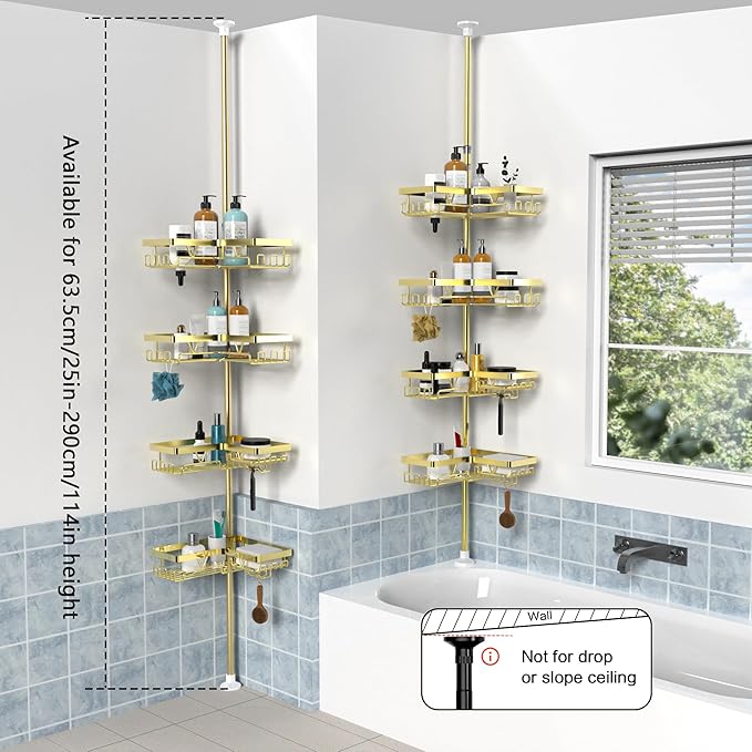 KEGII Shower Caddy Tension Pole, 4-Tier Corner Shower Tension Rod Organizer No Drilling, Floor to Ceiling Bathroom Caddy 25-114.2 inch, Adjustable Bath Tub Shampoo Holder for Corner, Gold